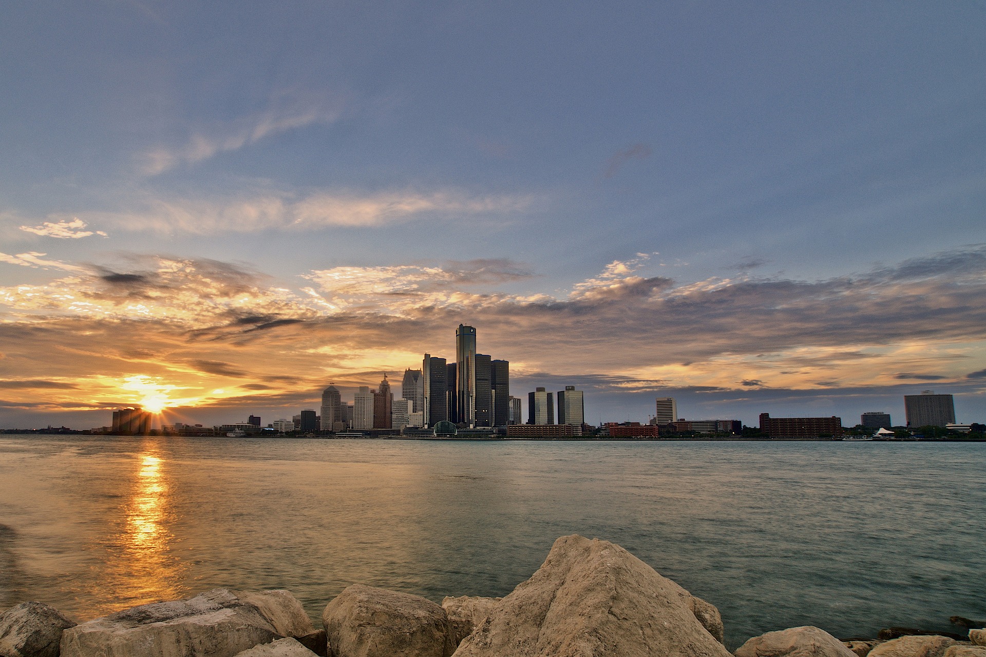 The Detroit skyline viewed across the water